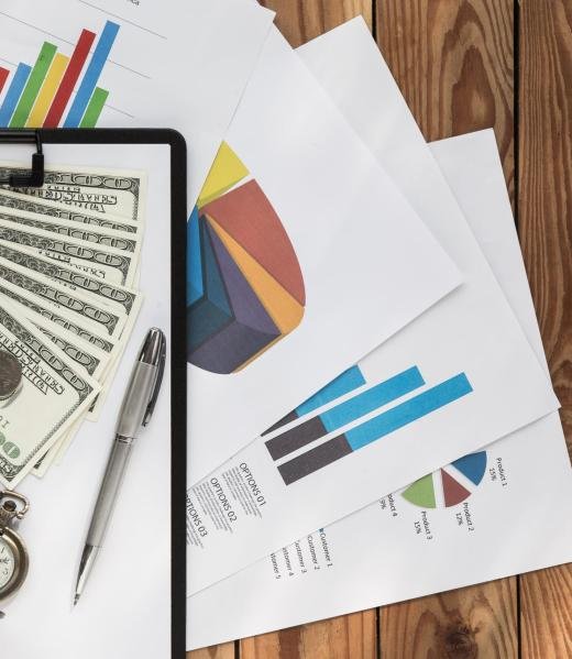 Flat lay business chart on wood background